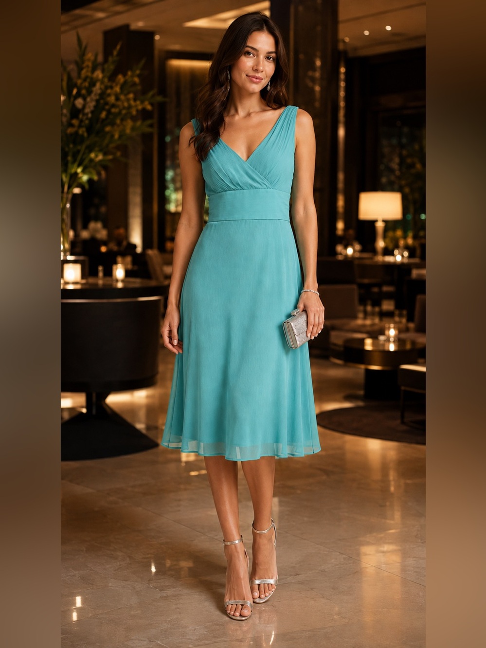 J.Crew Sophia Silk Chiffon Turquoise Aqua V-Neck Midi Dress Size 2